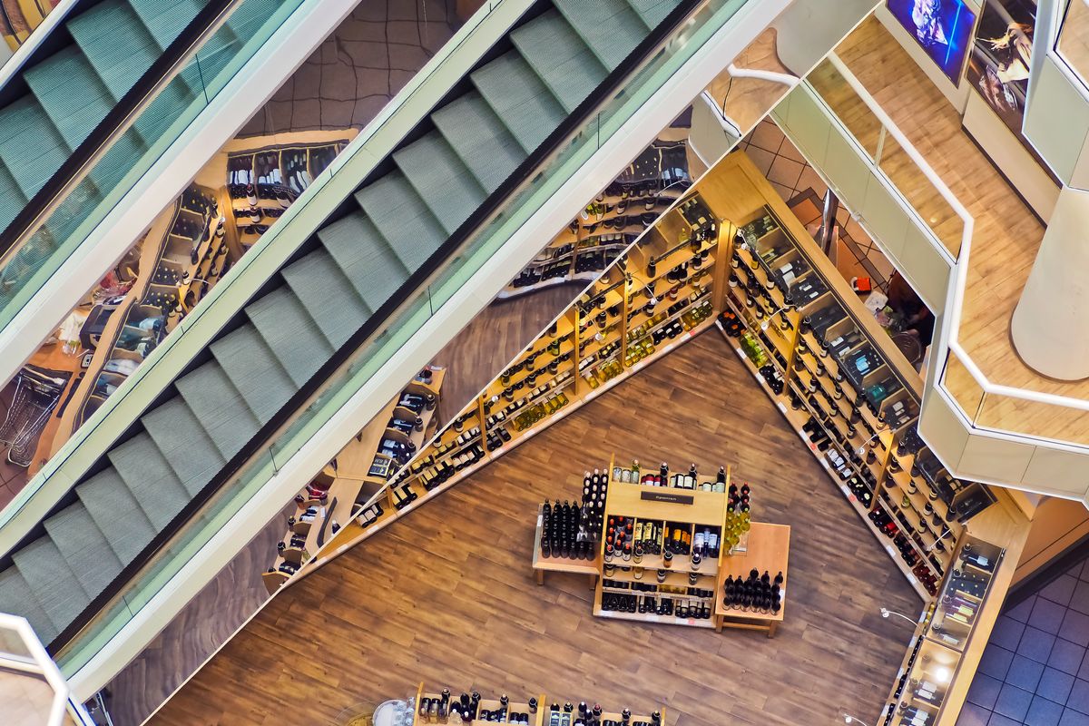 Modern retail environment with merchandise and customer service areas